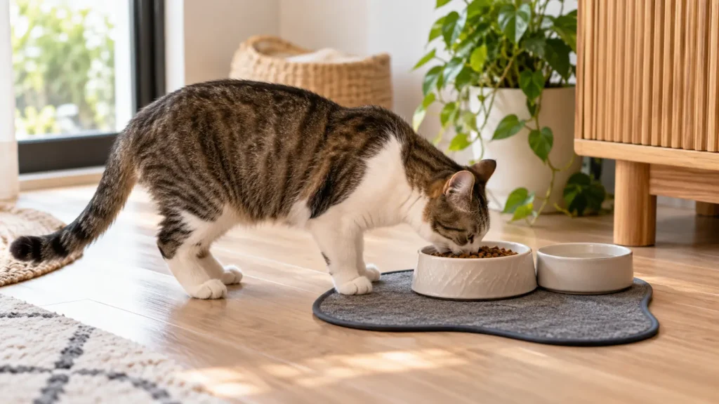 Chat tigré mangeant dans son bol